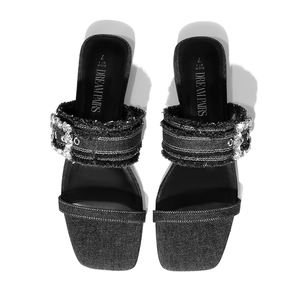 Rhinestone Buckle Strap Sandals - DENIM BLACK - 5